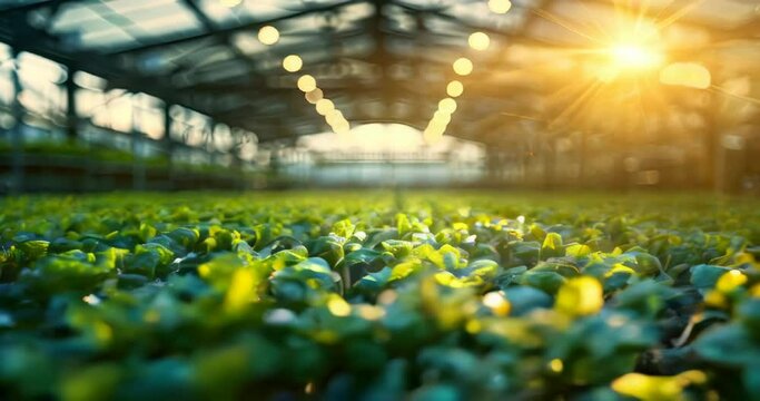 Automated systems in a modern greenhouse enhancing plant growth, illustrating innovative agriculture technology reducing carbon footprint. Carbon footprint reduction technology