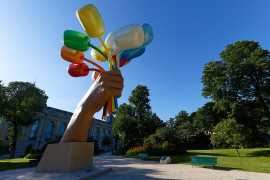 Bouquet of Tulips sculpture by American artist Jeff Koons, which is located outside the Petit Palais in Paris, France. It is one of Koons's largest sculptures