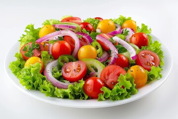 Fresh vegetable salad with tomatoes, onions, and cucumbers in a white bowl, perfect for high resolution food photography and healthy eating concepts