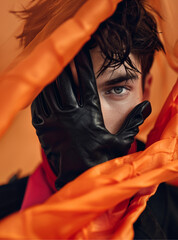 close-up portrait of a male model wearing black gloves and an orange oversized scarf, posing with his face between the sleeves of his jacket