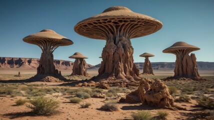 Fantastic Sci-fi landscape of a spaceship on a sunny day, flying over a desert with amazing...