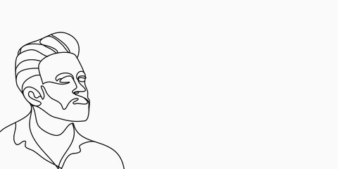 Vector one line art of bearded man portrait. Handsome Hairstyle. Fashionable men's style.