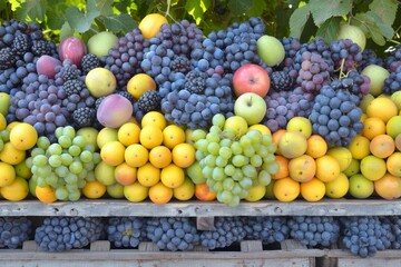 Fresh assorted fruits and vegetables including grapes, lemons, and tomatoes, perfect for high resolution food photography and showcasing vibrant, healthy produce