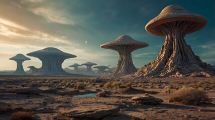 Fantastic Sci-fi landscape of a spaceship on a sunny day, flying over a desert with amazing arch-shaped rock formations - Illustration 3d