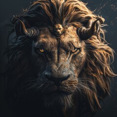 Naklejka premium Majestic lion with intricate horn details and expressive eyes in a dark, mysterious setting at twilight