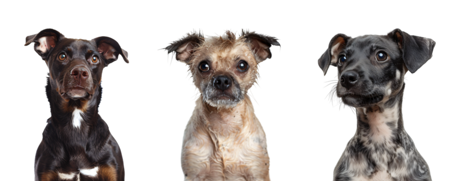 Dogs of three distinct breeds posing for portraits, each with unique facial features and expressions, showcasing their diverse personalities and captivating charm.