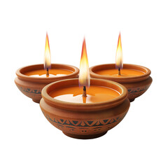Three traditional clay diyas with burning candles on transparent background. Diwali Traditional oil lamp on transparent background