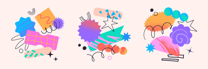 Vector set of artistic patches,doodles and stickers with copy space for text.Modern design elements with abstract textures for banners,social media marketing,branding,packaging, covers, prints