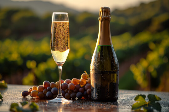 A bottle of champagne or cava and a flute on the table, with a background of vineyards in the summer in Empord&agrave;, Catalunya, Spain