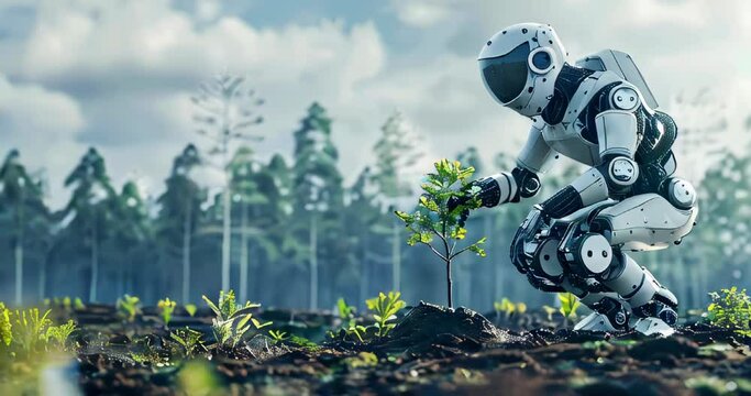 Robot planting trees in a deforested zone, showcasing the combination of robotics and reforestation to reduce carbon emissions. Carbon footprint reduction technology