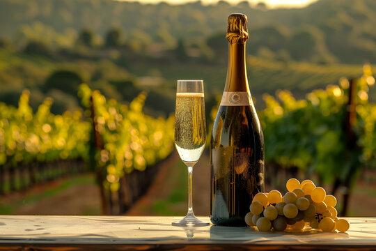 A bottle of champagne or cava and a flute on the table, with a background of vineyards in the summer in Empord&agrave;, Catalunya, Spain