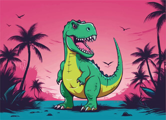 Naklejka premium Vector design for children's t-shirt. Green dinosaur raptor with open mouth on pink background with palm trees in jungle. Pattern for textiles, fabric, clothing for boy in cartoon style.