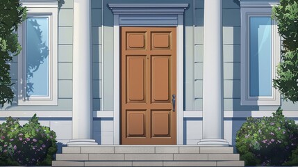 Door installation illustration, flat design, side view, entrance door, bright animation.