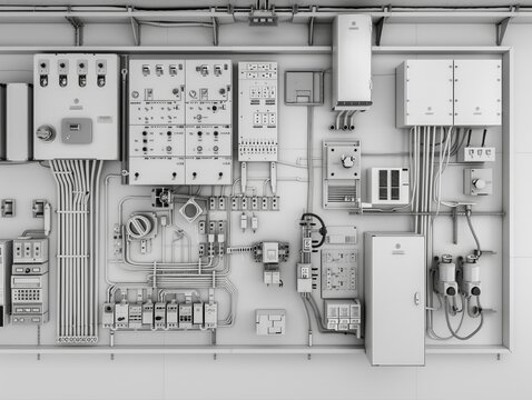 Electrical wiring flat design front view electrical system 3D render black and white