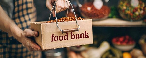 food in donation box, grocery products. at charitable foundation. Working at food bank, help for poor families, migrants, refugees concept.