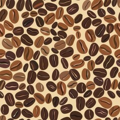 Obraz premium Seamless Pattern of Coffee Beans in Various Brown Shades on a Light Beige Background for Cafe and Beverage Design 