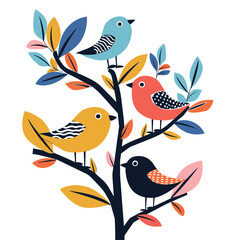 Colorful birds perched tree branches adorned leaves. Four stylized songbirds, vibrant feathers, nature themed graphic. Artistic branch playful avian characters, simple shapes, modern design