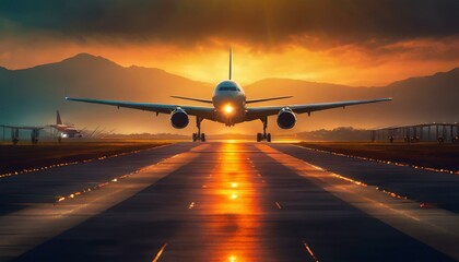 airplane landing at sunset