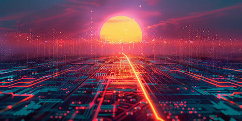 Futuristic digital background with a neon sun and glowing circuit board, in the cyberpunk style