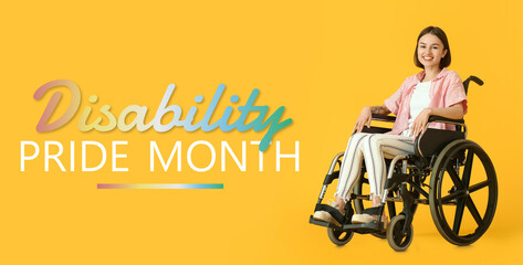 Fototapeta premium Young woman in wheelchair on color background
