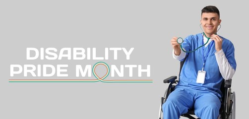 Male doctor in wheelchair and with stethoscope on grey background. Banner for Disability Pride Month