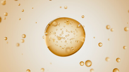 Macro of transparent drop of beige liquid with bubbles inside on beige backdrop. Skin care serum droplet. Cosmetics moisturizer fluid concept. 3d render illustration