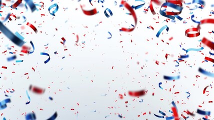 Red, white, and blue streamers confetti falling on white background