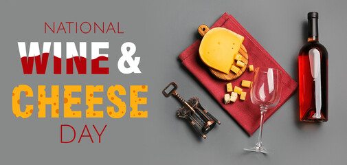 Composition with bottle of wine and tasty cheese on dark background