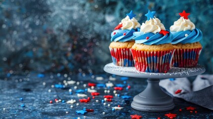 Festive cupcakes with red, white, and blue frosting star decorations on cake stand