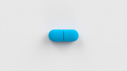 Blue single pill isolated on a white background. Tablet, pill capsule top view, flat lay. 3d render illustration 