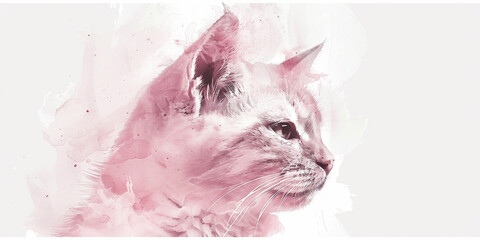 Illustration of a pink cat in the style of watercolor on a white background