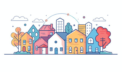 Colorful stylized cityscape illustration various buildings trees. Quaint urban neighborhood graphic depicting residential commercial architecture. Simplified city scene vibrant colors suitable