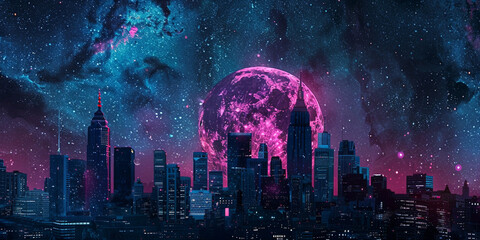 Futuristic Cityscape Under Neon Moonlit Sky