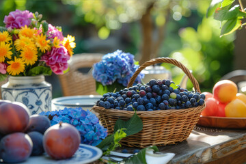 A serene garden scene featuring a wooden table set for breakfast with a basket of blueberries alongside other fresh fruits and flowers.. AI generated.