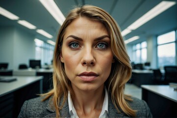 A businesswoman staring at the camera with a serious facial expression. AI.