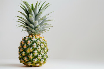 Fototapeta premium A vibrant, whole pineapple with lush green leaves, set against a simple white background to emphasize its texture and color.. AI generated.