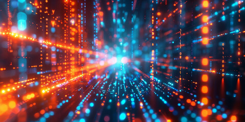  Blue and orange binary code background with glowing lights and data flowing, technology concept	