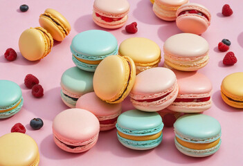 Obraz premium Assorted French macarons with vibrant berry toppings displayed on a pastel pink background