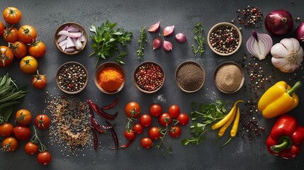 A variety of spices and fresh vegetables are laid out on a kitchen table, ready for cooking. Generative AI © Anat art