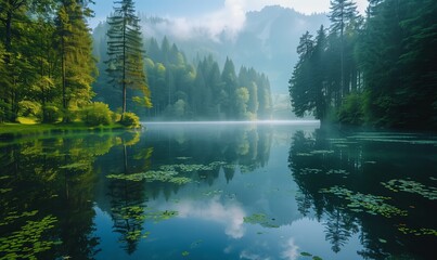Panoramic view on a forest and mountain lake in front of mountain range