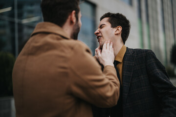 During an outdoor meeting, a business person slaps their partner after a mistake, causing a tense moment. The action is met with shock and disapproval.