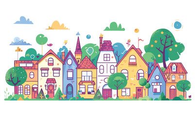 Colorful cartoon village various whimsical houses greenery, under bright sky clouds sun. Whimsical trees plants surround fantasystyle homes different roofs windows. Quirky town scene charming