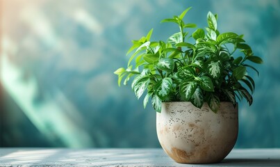 A pot with a plant on a blue wall background