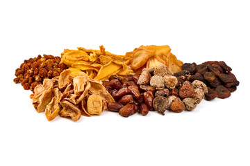 Delicious nuts and snacks cheeseboard, isolated on white background. High resolution image.