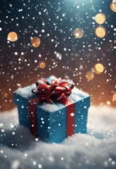 Snow Falls on a Gift for Christmas Background