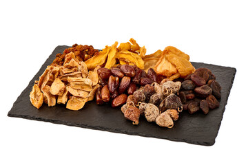 Delicious nuts and snacks cheeseboard, isolated on white background. High resolution image.