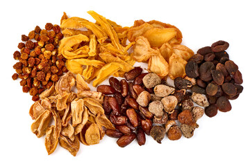 Delicious nuts and snacks mix, isolated on white background. High resolution image.