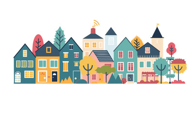 Colorful town houses trees, cartoon urban landscape, flat design. Quaint neighborhood scene, stylized residential district, variety homes architecture. Isolated white background