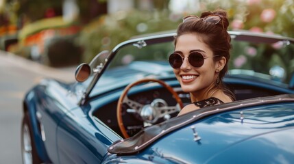 A woman in sunglasses driving a convertible car. AI.