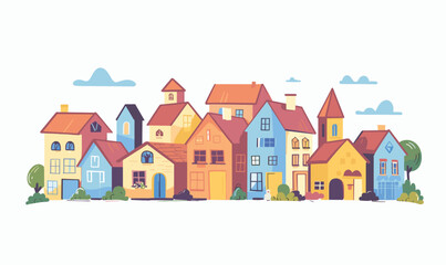 Colorful row cartoon houses, suburban neighborhood, trees, friendly community. Bright residential homes, charming village street, peaceful town life. Quaint colorful architecture, urban landscape